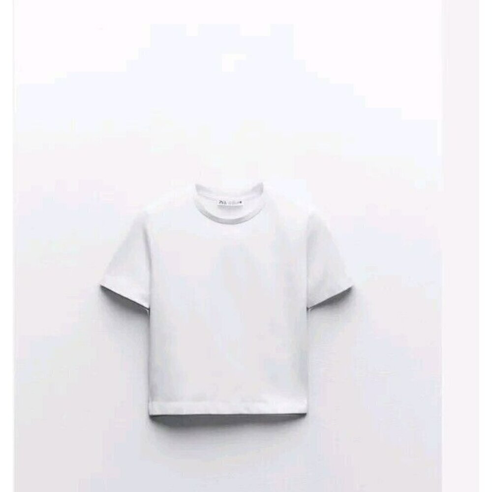 Zara Cropped T Shirt Mid Wheit Round Neck Slim Fit Nylon Short Sleeve 2335 159 M